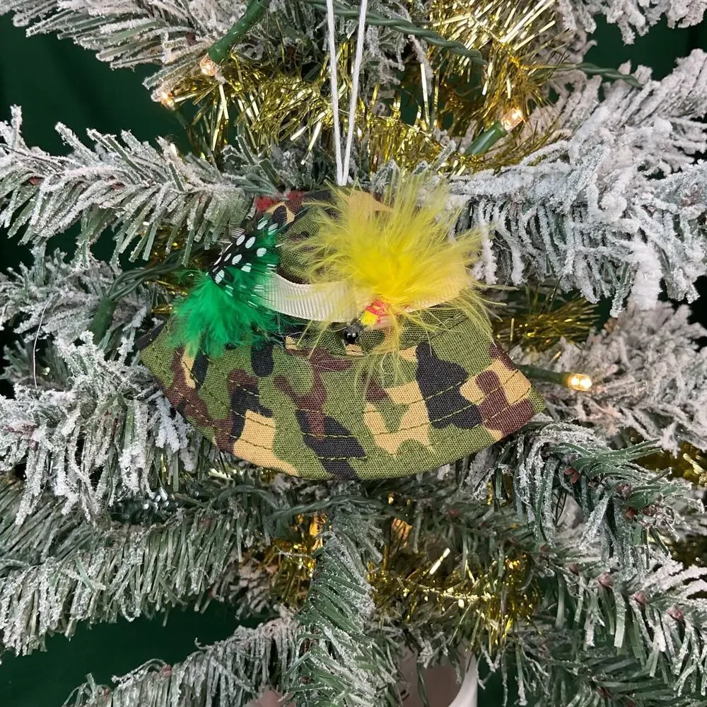 Miniature Camo Bucket Hat Christmas Ornament with Fishing Fly Lure